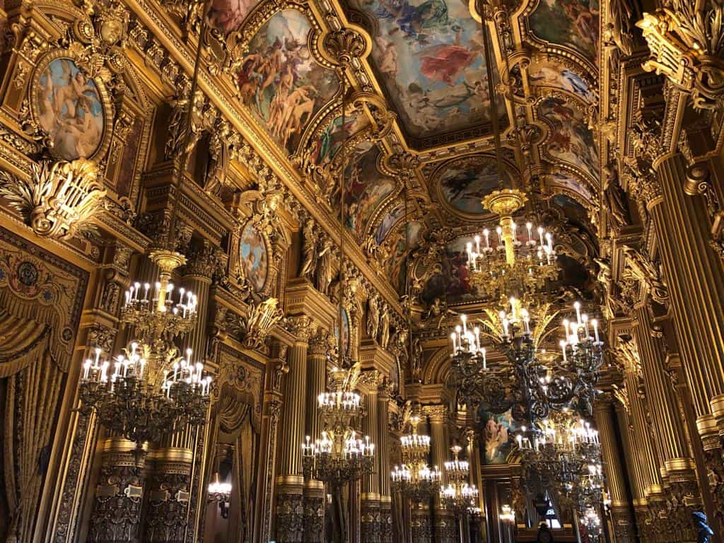 A view of the beautiful chandeliers in the Garnier Opera House