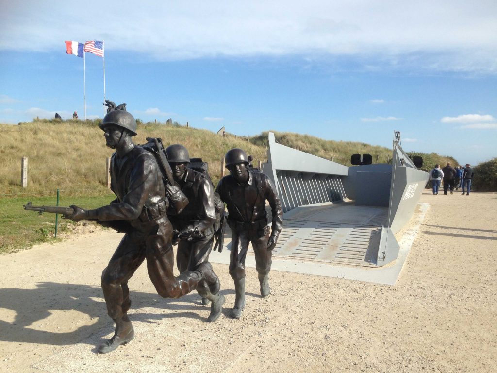 Memorial at Utah Beach of soldiers disembarking the Higgins boats