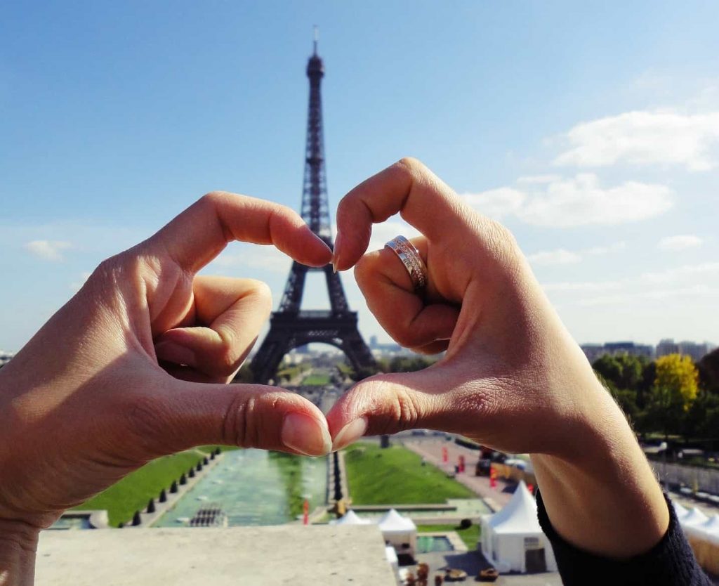 Love hands with the Eiffel Tower in the background.