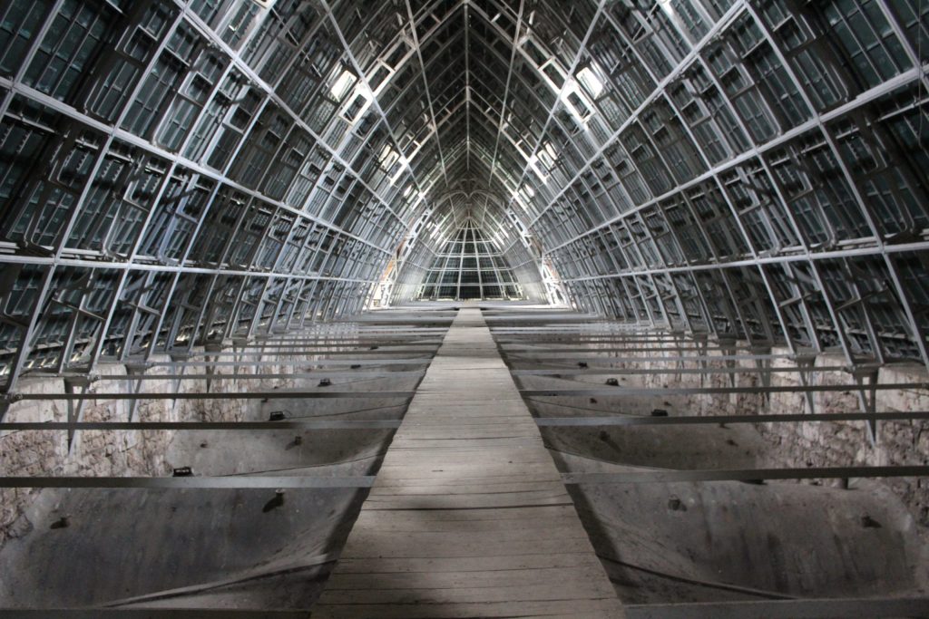 A photo of the iron framework of the inside of the roof of Chartres Cathedral.