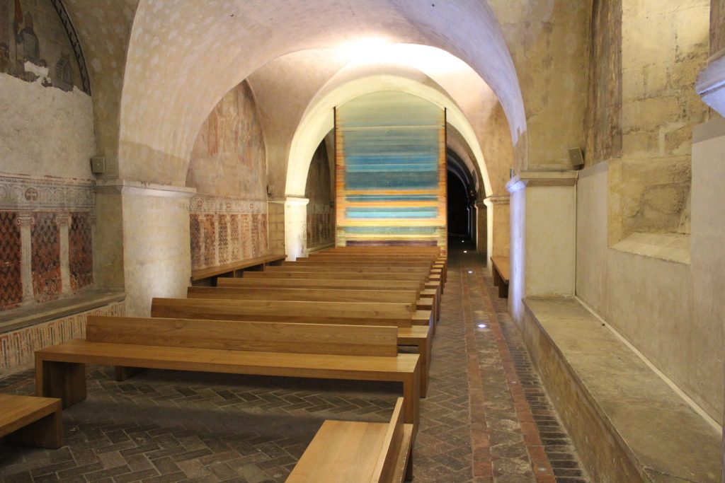 A photo of the Curtain of Light art installation in the crypt of the Chartres Cathedral.