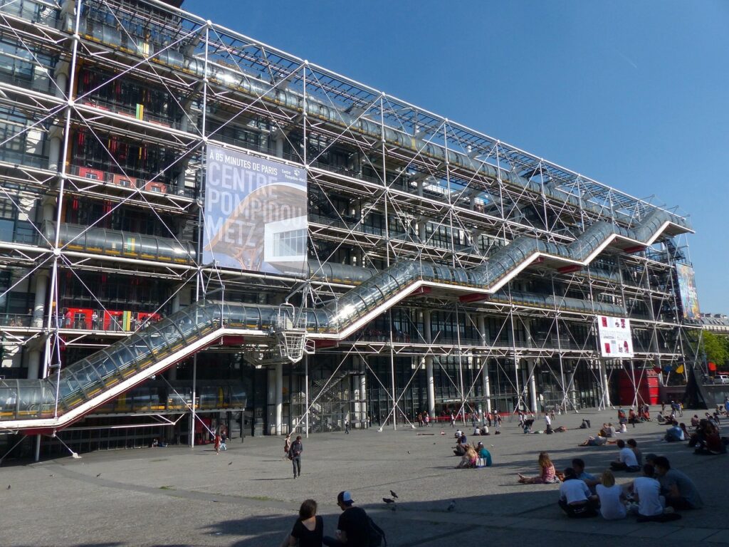 A photo of the exterior facade of the Pompidou Centre in Paris.