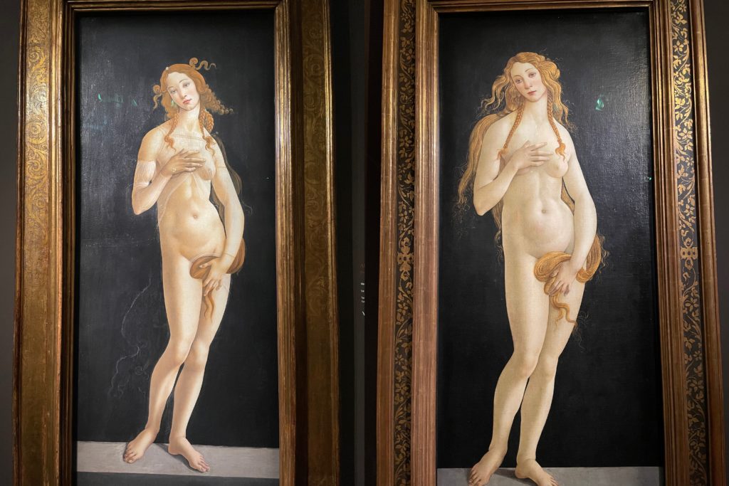 Two side by side photos of the famous image of Venus from the famed Botticelli painting, the Birth of Venus.