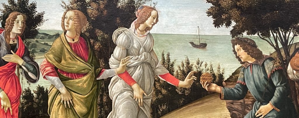 A close up photo of a painting by Botticelli. The painting depicts the judgment of Paris from Greek mythology.