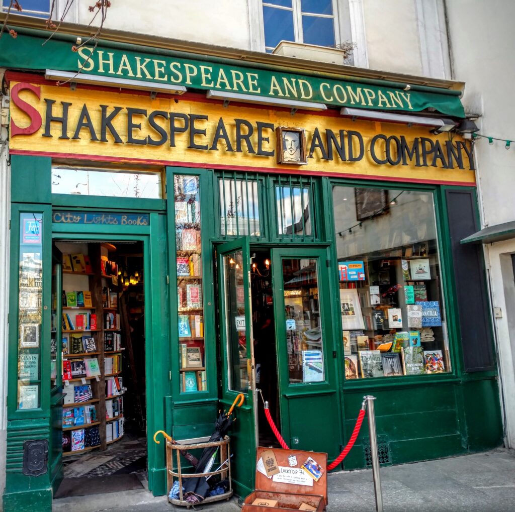 A photo of the exterior facade of Shakespeare and Company.