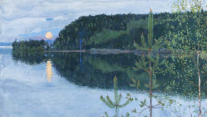 An example of the spring exhibitions. The image is a painting of a nature landscape by Gallen-Kallela