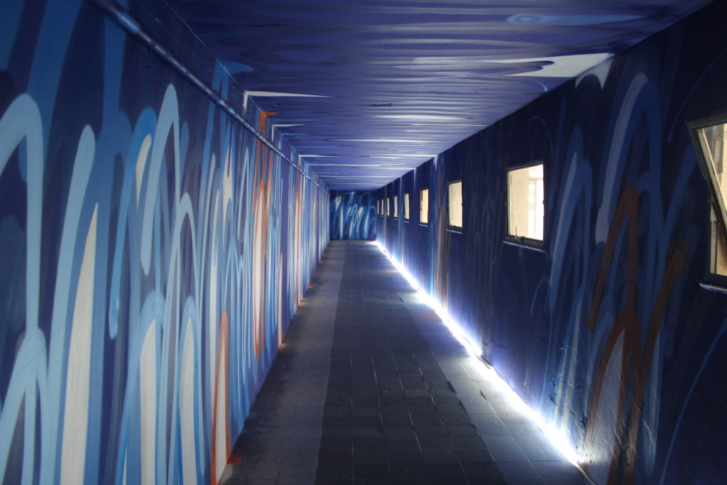 An example of the culture of art in Paris. It is an image of a hallway covered in graffiti artwork, both the walls and ceiling, mostly in varying shades of blue.