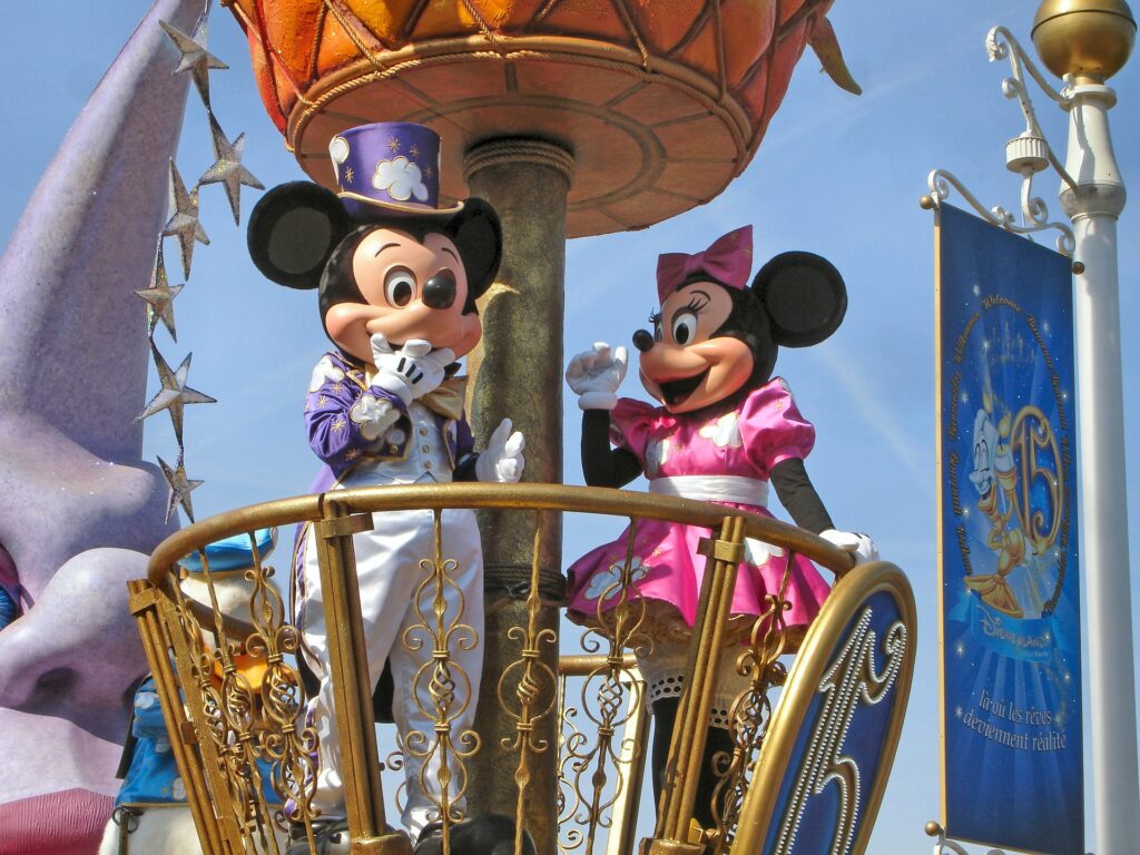 A photo of Mickey and Minnie Mouse at Disneyland Paris.
