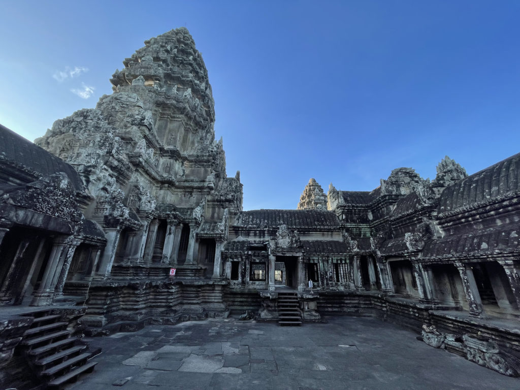A photo of the main tower and temple at Angkor Wat.