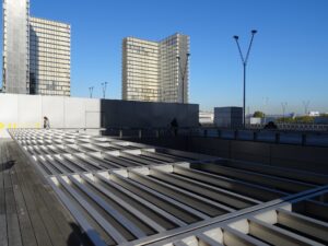 A photo of the exterior of the National Library of France.