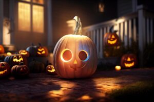 A Halloween photo of carved pumpkins in front of a house. They are lit from the inside.